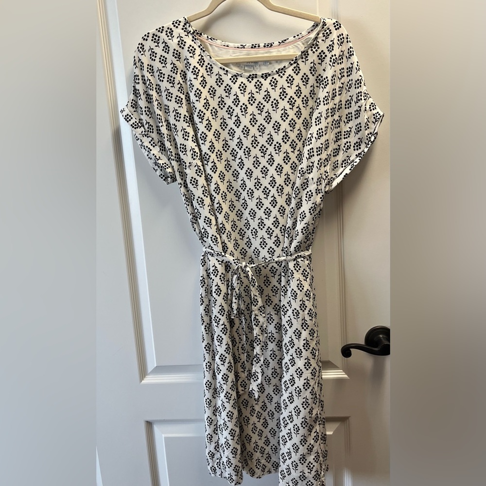 Boden Floral Print Dress US 12 UK 16 Black White Tie Waist Lined